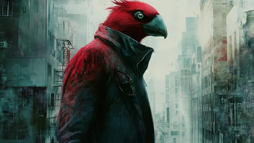 Red avian humanoid surveys a misty dystopian cityscape.