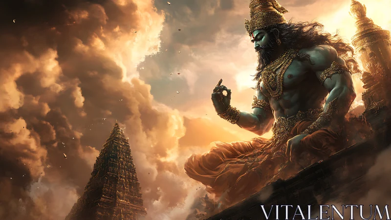 Colossal blue deity figure above temple under dense clouds.