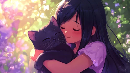 Soft sunlight wraps a girl and her cat in a gentle embrace
