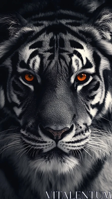 Tiger face fills frame with sharp stripes and bright eyes