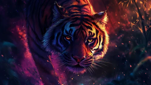 Bioluminescent-lit tiger portrait with high-contrast neon rim lighting