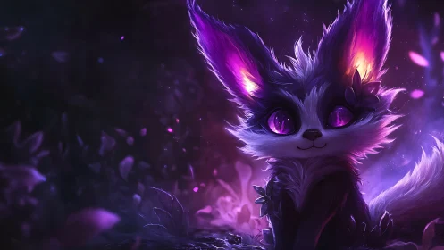 Luminescent fox sprite in violet bioluminescent forest.