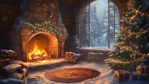 Snow-dusted room shows lit fireplace and decorated tree