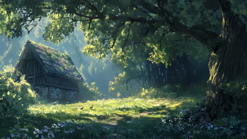 Sunlit Sanctuary: Where Ancient Timber Meets Enchanted Grove.