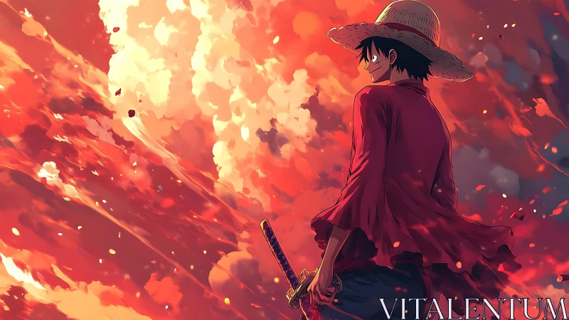 Sunset wanderer in a straw hat smiles toward fiery skies