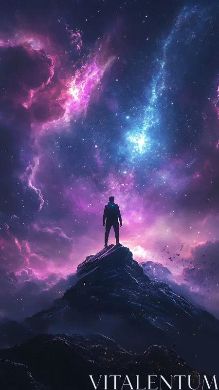 Silhouette on jagged peak under bioluminescent nebula sky