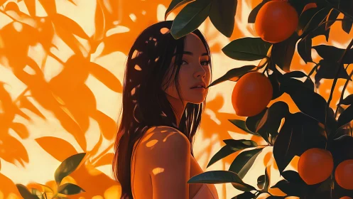 Woman stands among orange tree foliage in directional light