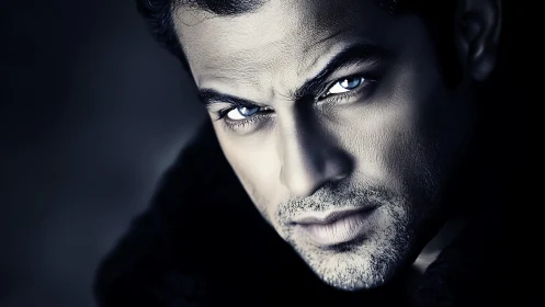 Intense male portrait with piercing blue eyes in shadowed closeup.