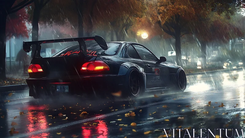 Night drive through autumn rain with a tuned street racer.