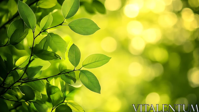 Sunlit green leaves form soft bokeh forest background