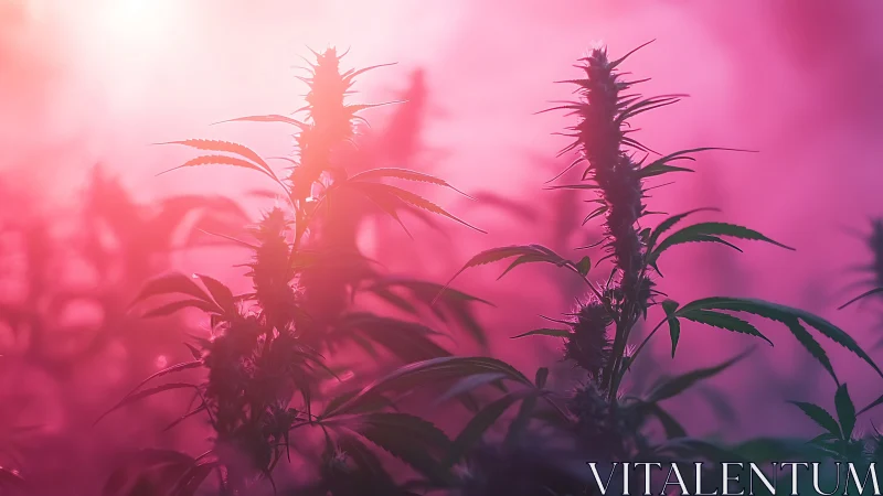 Backlit cannabis plants stand against diffuse pink light