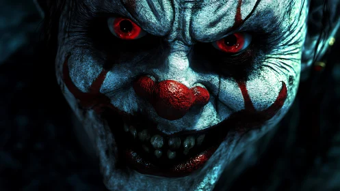 Sinister clown close-up with glowing red eyes in shadowed darkness.