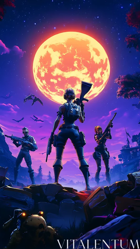 Moonlit warriors claim the neon night beneath a blazing titan