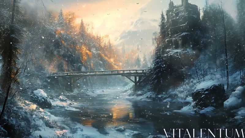 Snowy river bridge under warm sunrise near cliff castle.