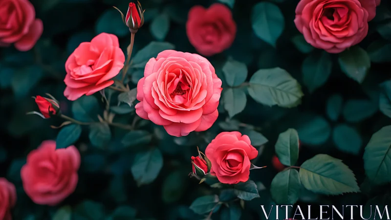 Vibrant pink roses bloom among teal foliage in garden.