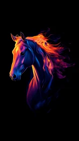 Neon-gradient equine portrait with flowing incandescent mane