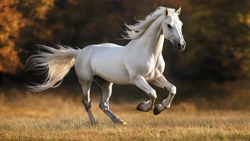 Kinetic analysis of galloping white horse in autumn field.