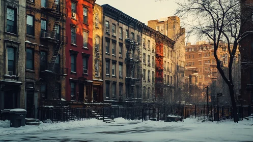 Winter-lit tenement facades with iron fire escapes in courtyard.
