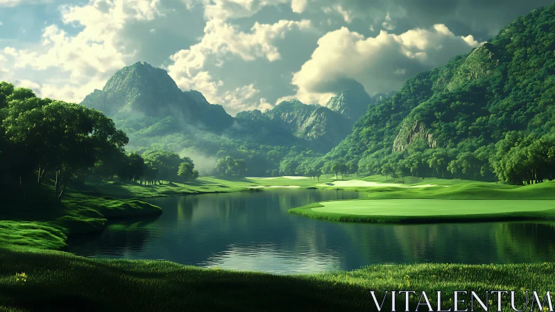 Lush mountain lake landscape under dramatic cloudy sky.