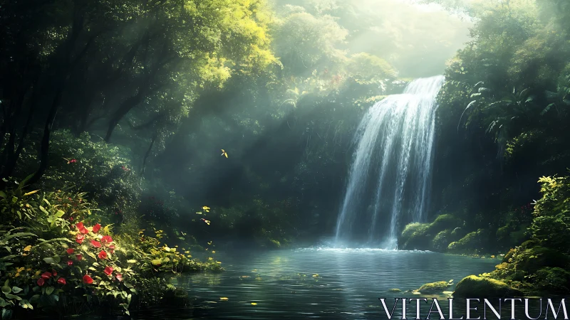 Sunlit jungle waterfall cascades into a tranquil forest pool