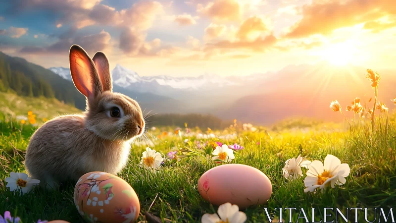 Backlit spring rabbit with decorated eggs in alpine meadow at dusk