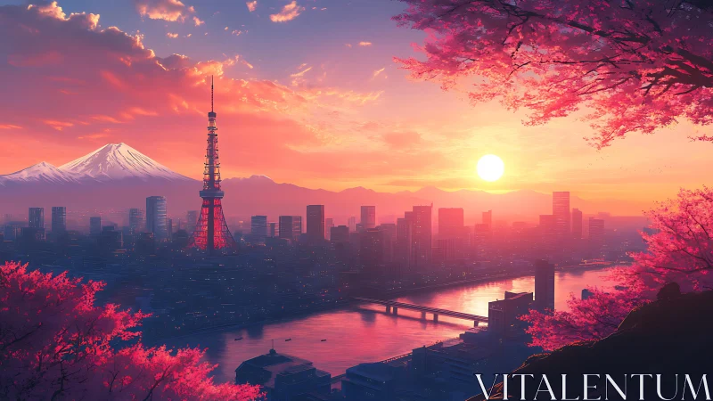 Sunset-illuminated Tokyo skyline framed by cherry blossoms and river