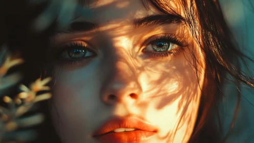 Sunlit close-up portrait with intense teal reflective eyes.