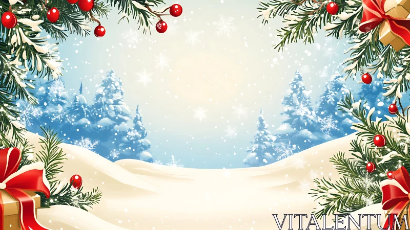 Christmas fir branches frame winter landscape with snow