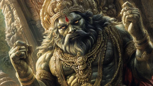 Mythic humanoid figure rendered with ornate jewelry and stone skin