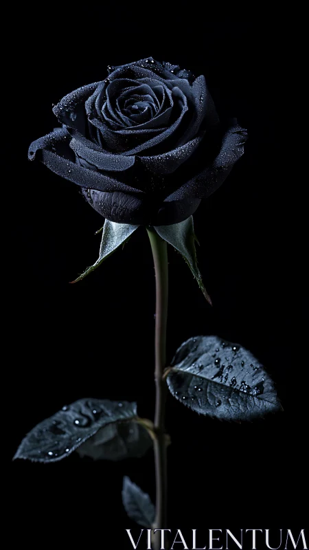 Close-up black rose with water droplets on dark background.