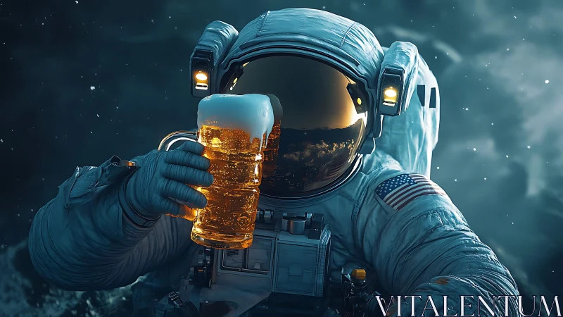 Cosmic toast with a frothy beer in a drifting spacesuit.