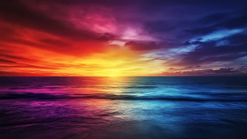 Vibrant multicolor ocean sunset ignites the dramatic sky.