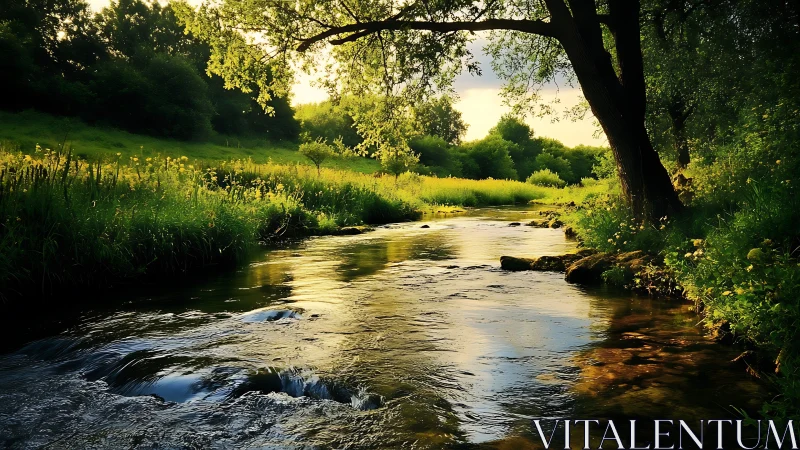 Sunlit forest stream under golden summer evening sky.