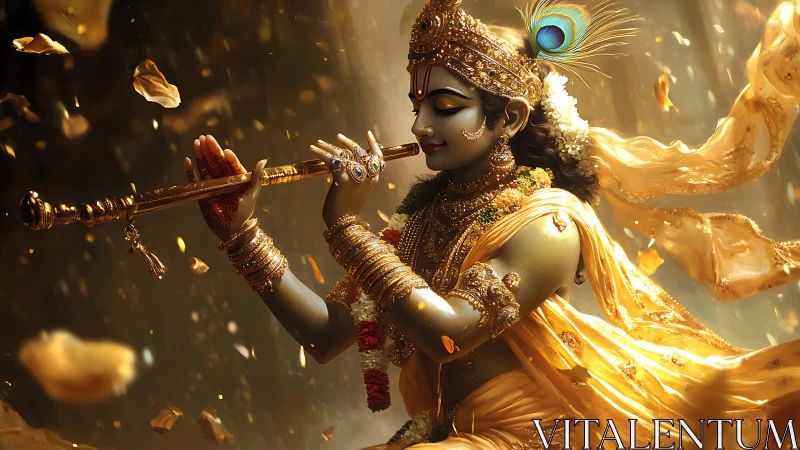 Divine figure plays flute amid golden petals and fabrics