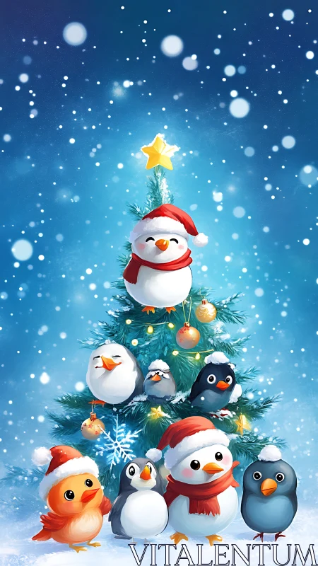 Festive avian ensemble decorating illuminated winter fir tree.