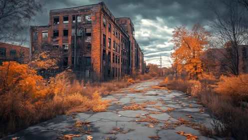 Rust-brick factory dreaming beneath ember autumn clouds.