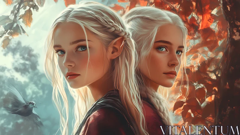 Twin elven portraits balance cool atmospheric light and warm foliage