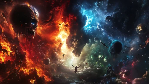 Concept art cosmic rift with infernal skull and stellar divide.