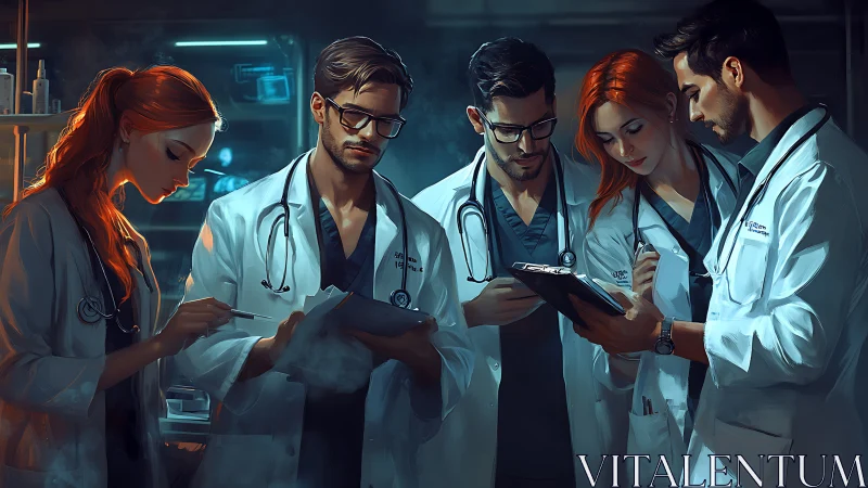 Medical team reviews patient notes in modern lab setting.