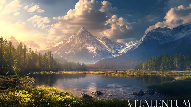 Sunlit alpine lake below snowcapped mountain range