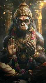 Divine simian deity in ornate golden temple regalia.