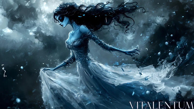 Ethereal blue specter in stormlit abyssal environment.