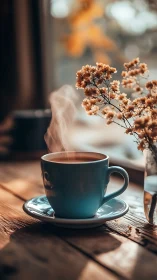 Steam rises from blue coffee cup beside dried flowers indoors