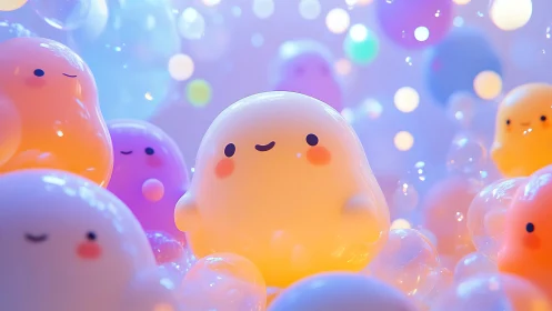Soft rounded blob characters within glowing pastel bubbles.