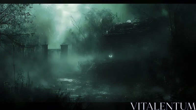 Moonlit fog engulfs an abandoned gate in eerie wet woods
