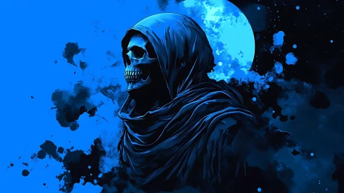 Hooded skeletal reaper stands before luminous blue moon