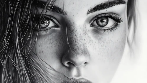 Hyperreal freckled portrait with intense direct gaze.