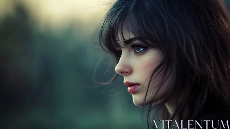 Profile portrait of pensive woman in soft cinematic bokeh light