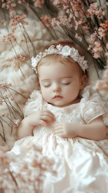 Peaceful infant in white floral crown among dried flowers.