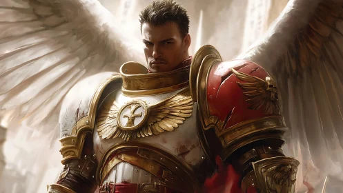 Winged paladin in ornate red and gold power armor stands vigilant.